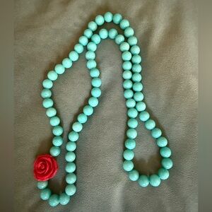 Turquoise Beaded Necklace with Red Rose Accent
